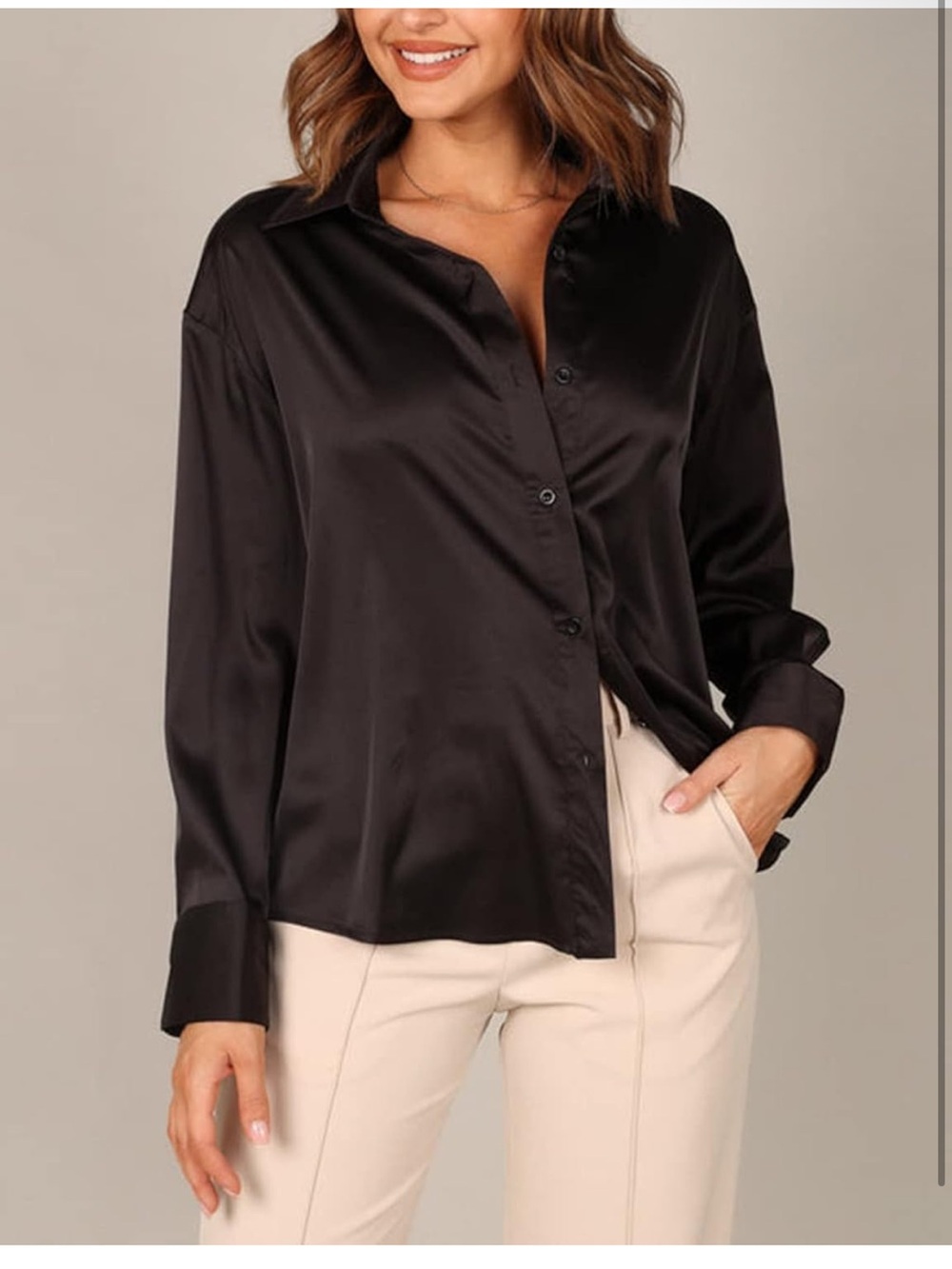 Satin Button-Front Shirt Blouse - Black